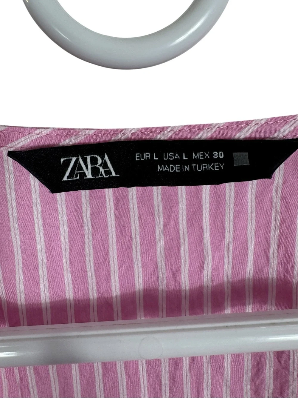 Zara Pink & White Stripe Tie Front Puff Sleeve Blouse, Size Large